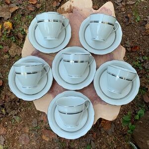 6 X Cmielow Polish silver band striped white cup and saucer sets